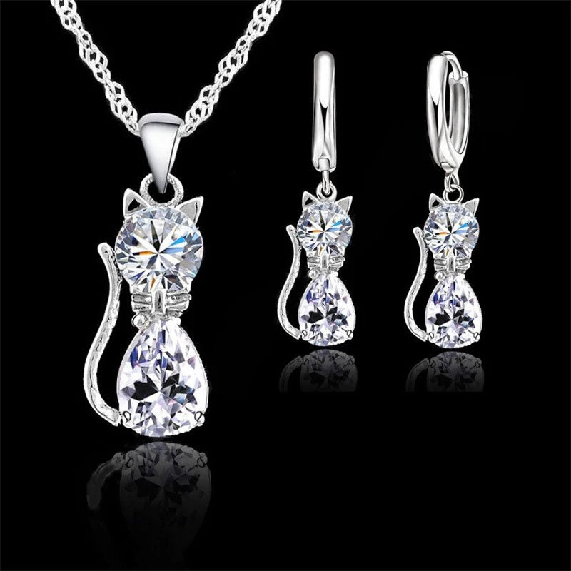 Women's Sterling Silver Austrian Crystal Cat Pendant Jewelry Set