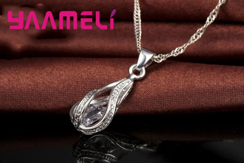 Women's 925 Silver CZ Water Drop Pendant Necklace Earrings Set Gif