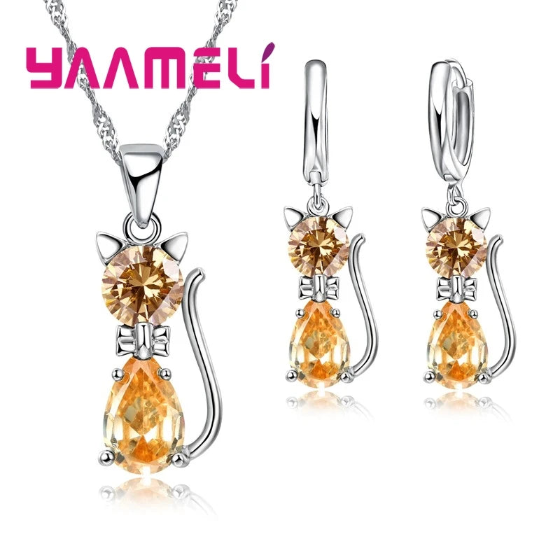 Women's Sterling Silver Austrian Crystal Cat Pendant Jewelry Set