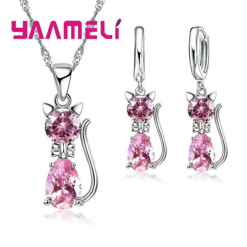 Women's Sterling Silver Austrian Crystal Cat Pendant Jewelry Set