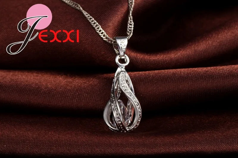 Women's 925 Silver CZ Water Drop Pendant Necklace Earrings Set Gif