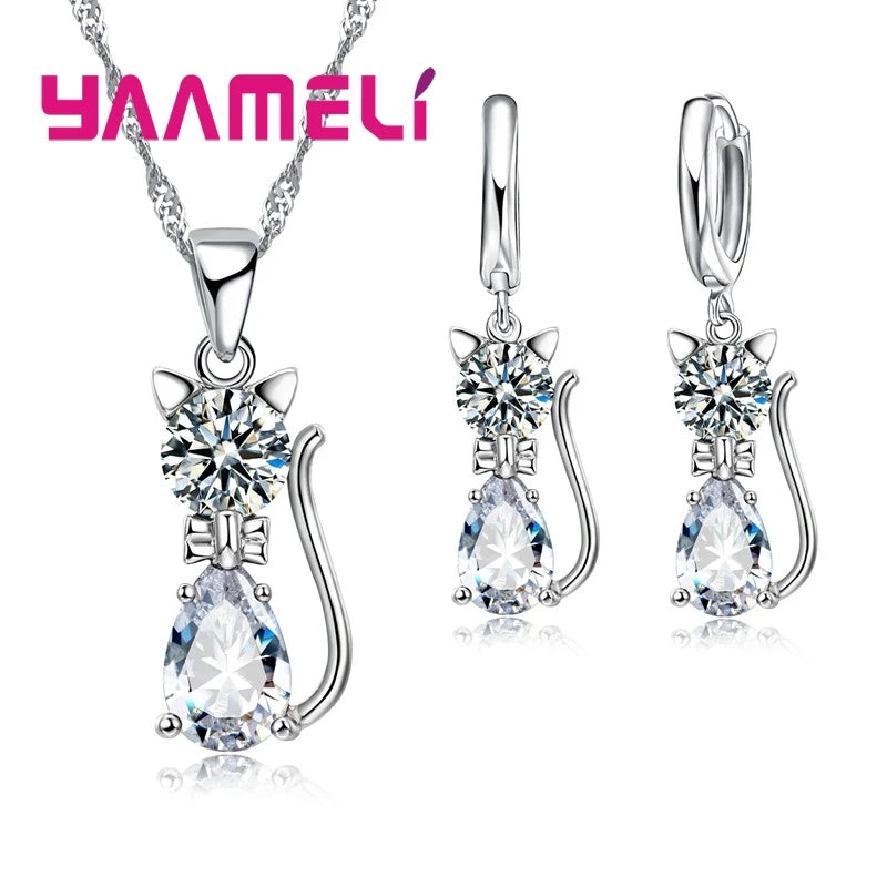 Women's Sterling Silver Austrian Crystal Cat Pendant Jewelry Set
