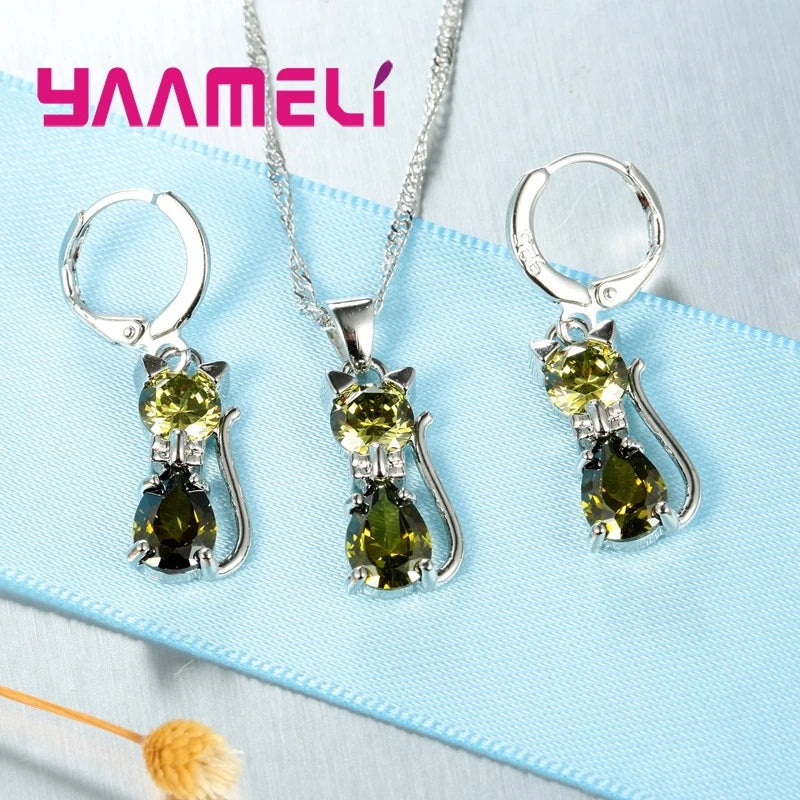 Women's Sterling Silver Austrian Crystal Cat Pendant Jewelry Set