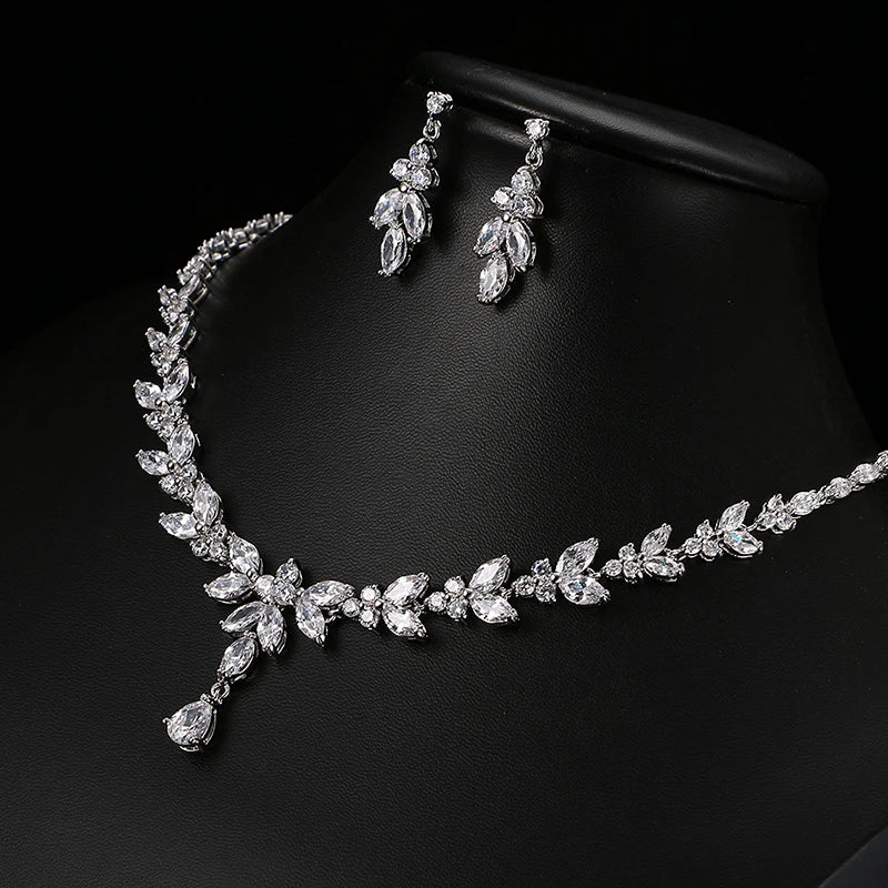 Women's CZ Stud Earrings Necklace Jewelry Set Wedding Party Gift