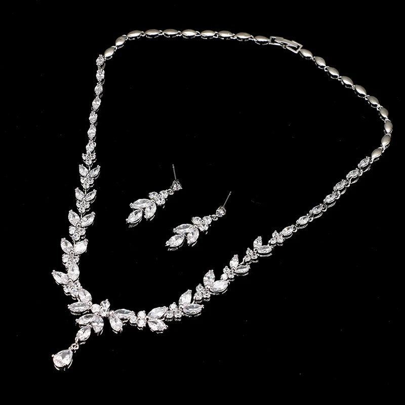 Women's CZ Stud Earrings Necklace Jewelry Set Wedding Party Gift
