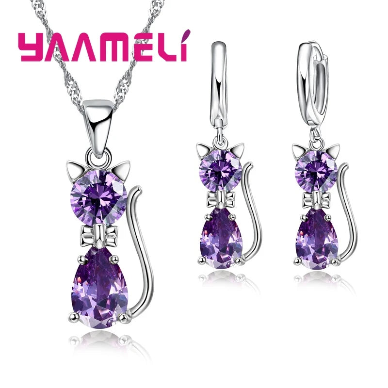 Women's Sterling Silver Austrian Crystal Cat Pendant Jewelry Set