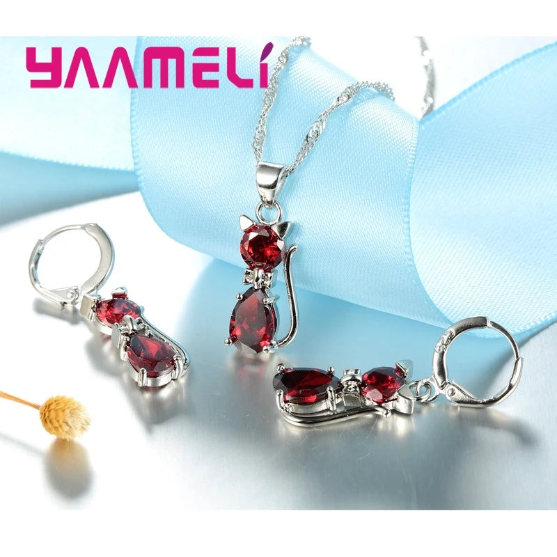 Women's Sterling Silver Austrian Crystal Cat Pendant Jewelry Set