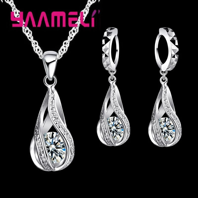 Women's 925 Silver CZ Water Drop Pendant Necklace Earrings Set Gif