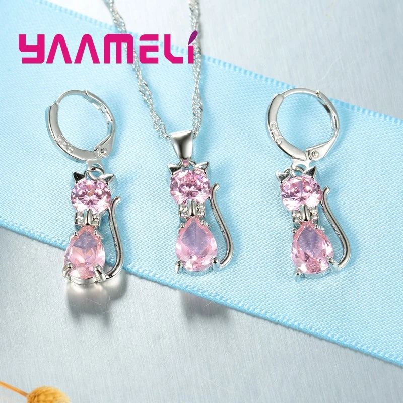 Women's Sterling Silver Austrian Crystal Cat Pendant Jewelry Set