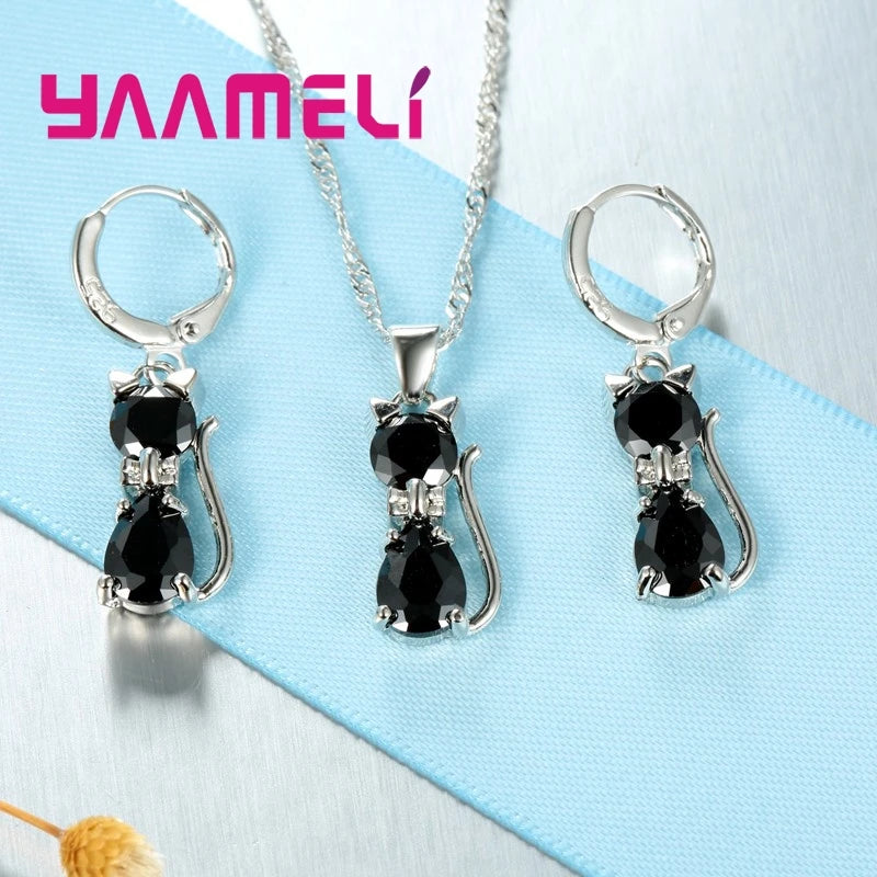 Women's Sterling Silver Austrian Crystal Cat Pendant Jewelry Set