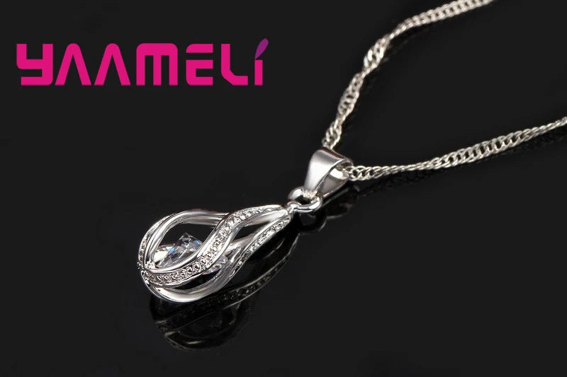 Women's 925 Silver CZ Water Drop Pendant Necklace Earrings Set Gif