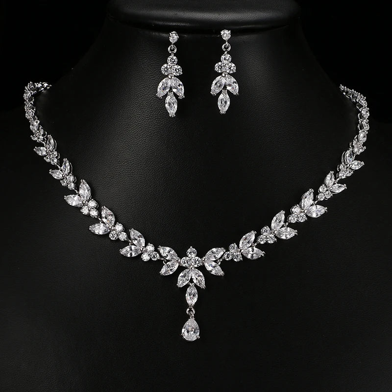 Women's CZ Stud Earrings Necklace Jewelry Set Wedding Party Gift