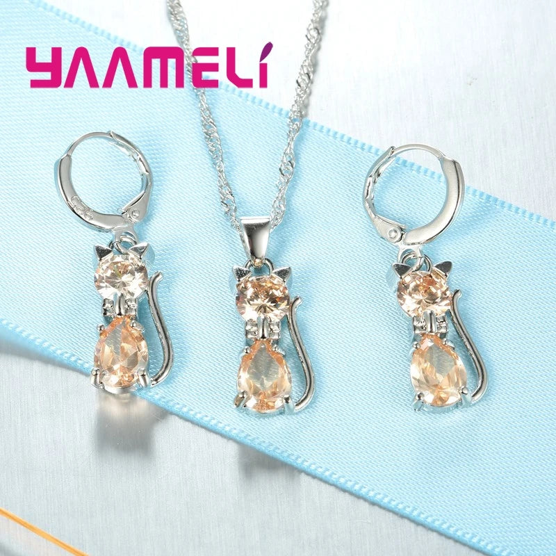 Women's Sterling Silver Austrian Crystal Cat Pendant Jewelry Set