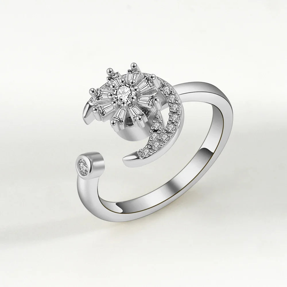 Anti-Stress Crystal Flower Spinner Ring Women Wedding Jewelry Gift