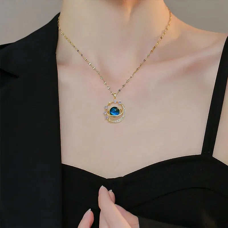 Luxury Starry Sky Star Moon Stainless Steel Clavicle Necklace Jewelry