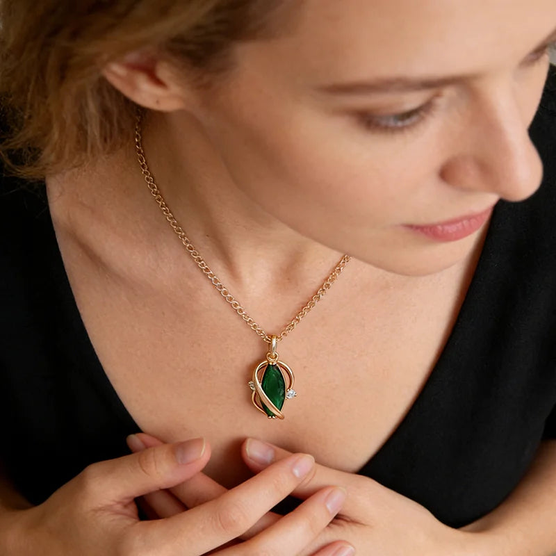 Women's Rose Gold Green Zircon Ring Earrings Necklace 3Pcs Jewelry Set