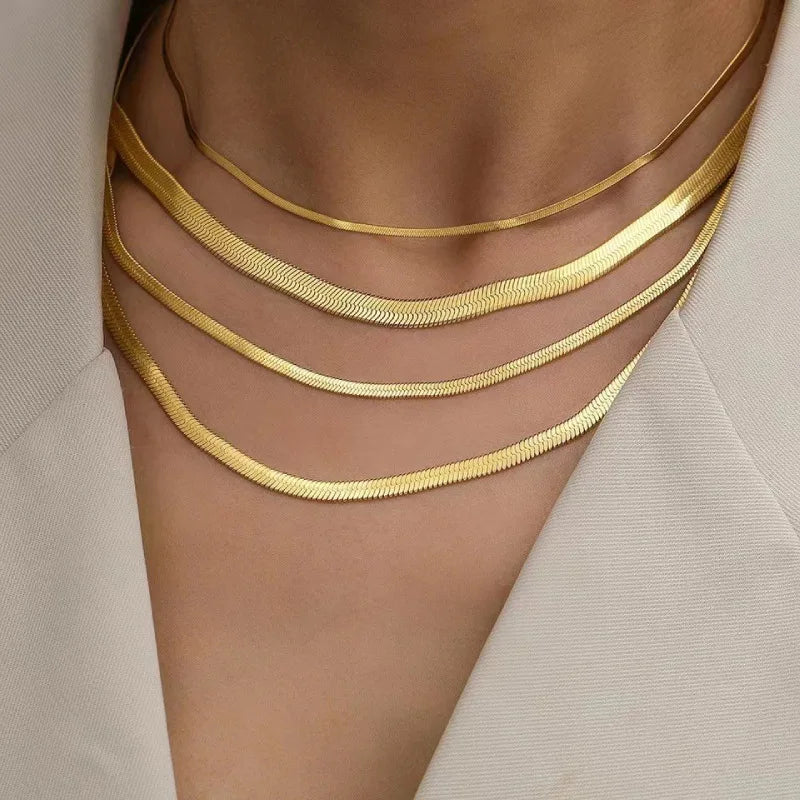 Unisex Herringbone Snake Chain Necklace Stainless Steel Gold Color