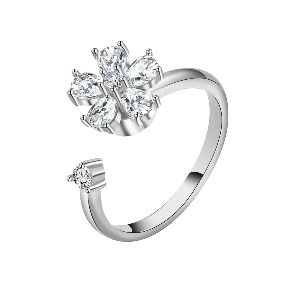 Anti-Stress Crystal Flower Spinner Ring Women Wedding Jewelry Gift
