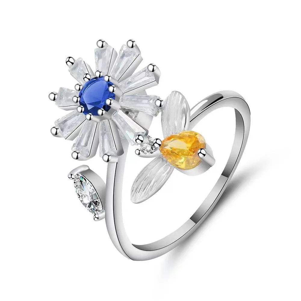 Anti-Stress Crystal Flower Spinner Ring Women Wedding Jewelry Gift