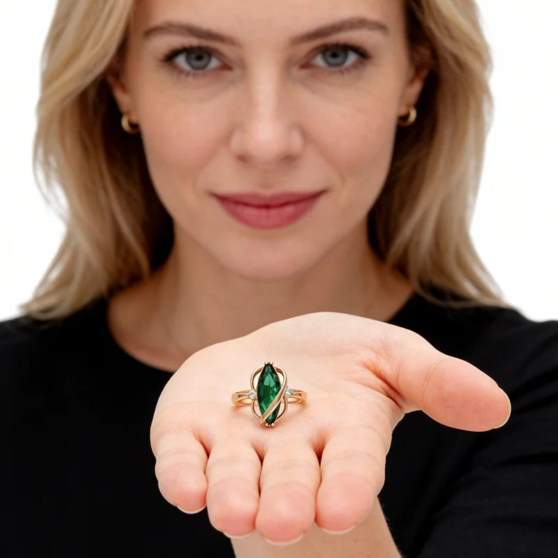 Women's Rose Gold Green Zircon Ring Earrings Necklace 3Pcs Jewelry Set