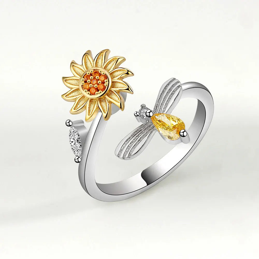 Anti-Stress Crystal Flower Spinner Ring Women Wedding Jewelry Gift