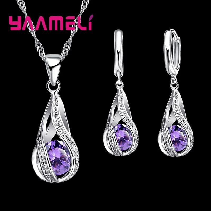 Women's 925 Silver CZ Water Drop Pendant Necklace Earrings Set Gif
