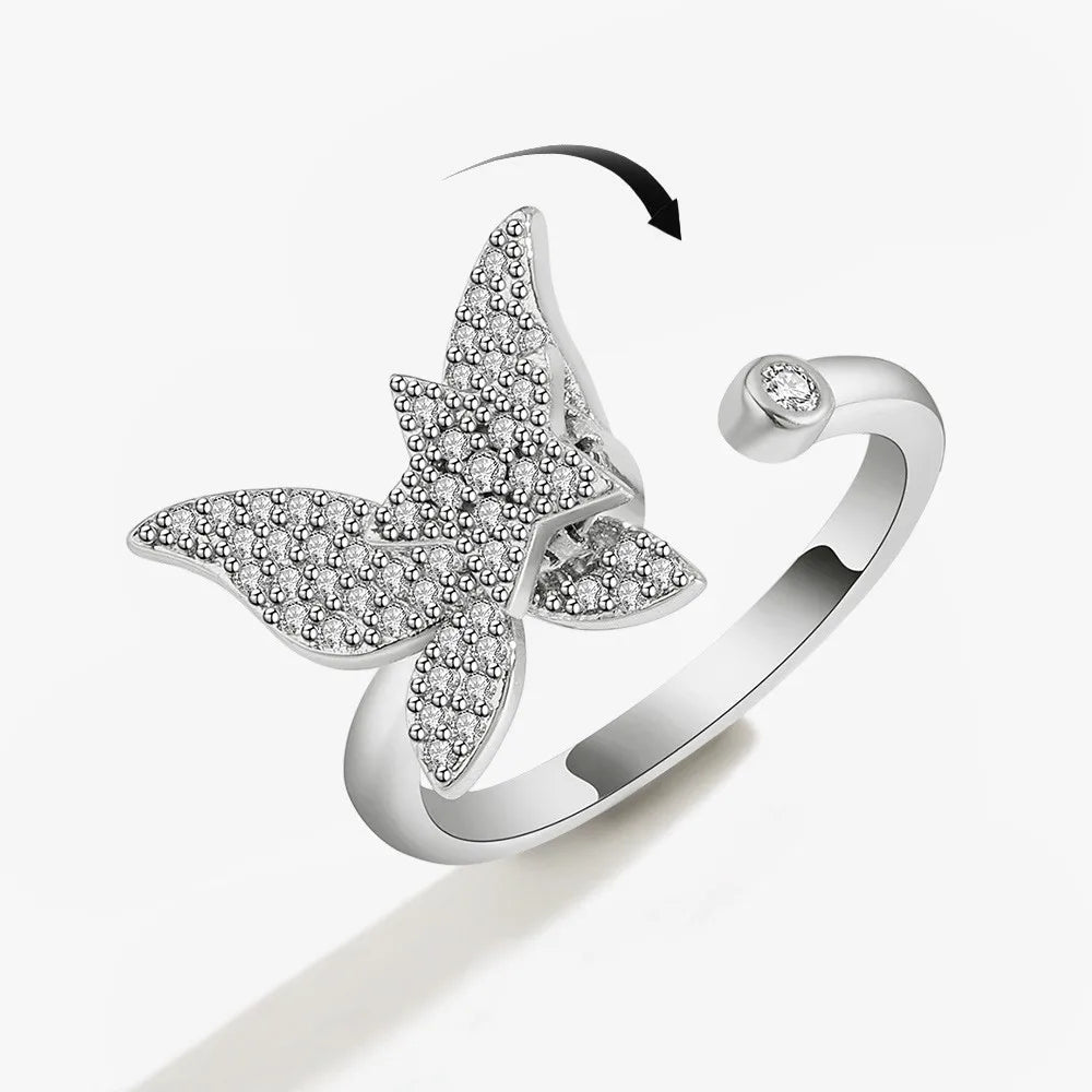 Anti-Stress Crystal Flower Spinner Ring Women Wedding Jewelry Gift