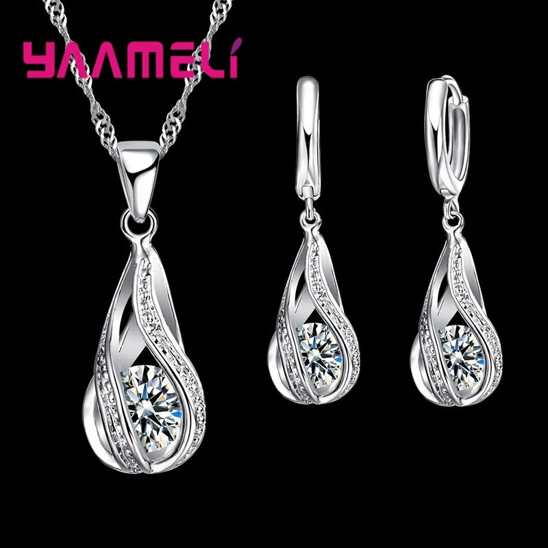 Women's 925 Silver CZ Water Drop Pendant Necklace Earrings Set Gif