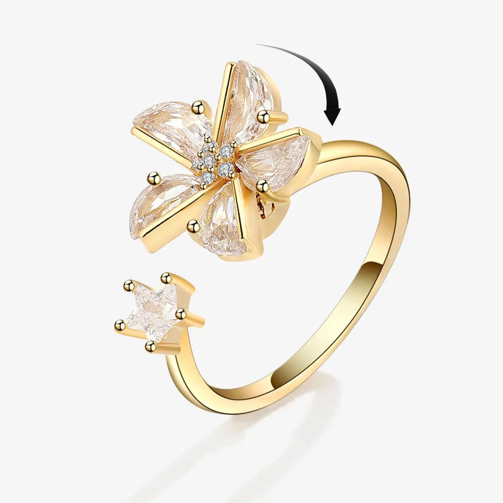 Anti-Stress Crystal Flower Spinner Ring Women Wedding Jewelry Gift