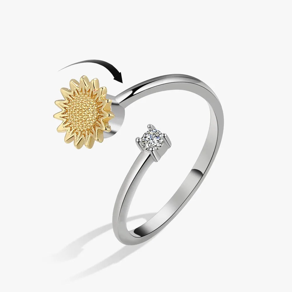 Anti-Stress Crystal Flower Spinner Ring Women Wedding Jewelry Gift