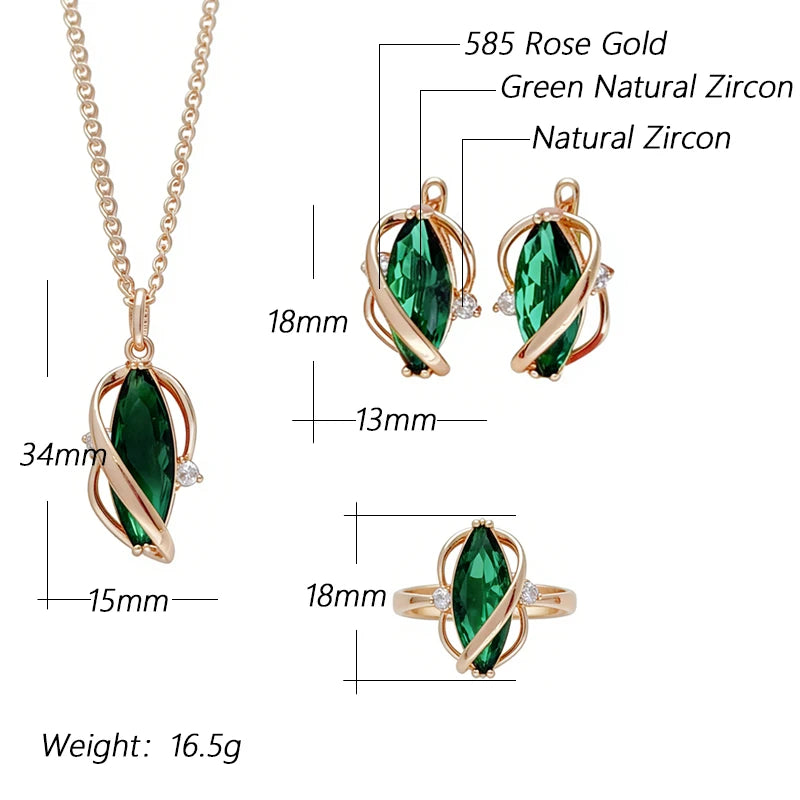 Women's Rose Gold Green Zircon Ring Earrings Necklace 3Pcs Jewelry Set
