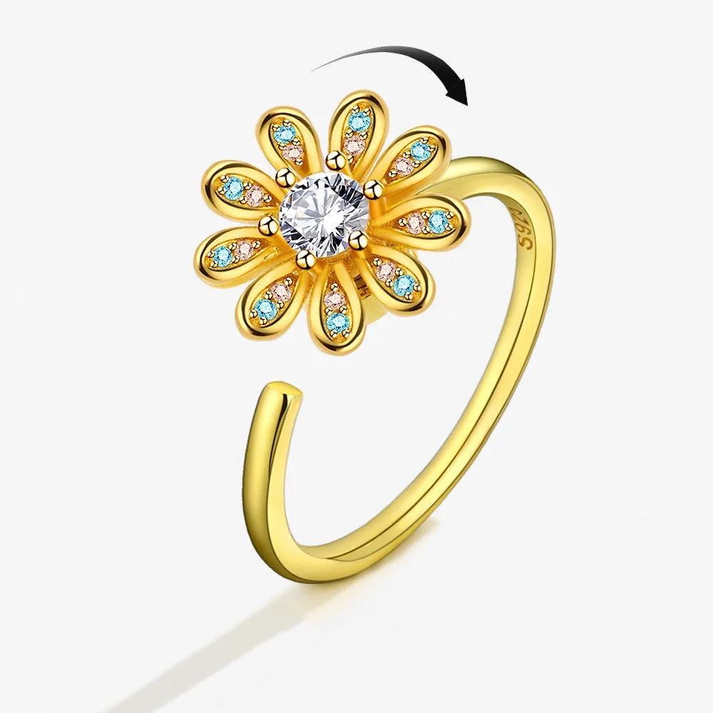 Anti-Stress Crystal Flower Spinner Ring Women Wedding Jewelry Gift