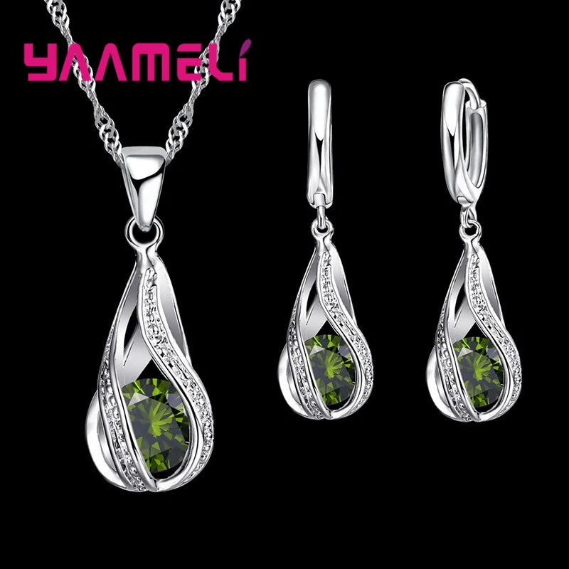 Women's 925 Silver CZ Water Drop Pendant Necklace Earrings Set Gif