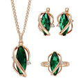Women's Rose Gold Green Zircon Ring Earrings Necklace 3Pcs Jewelry Set