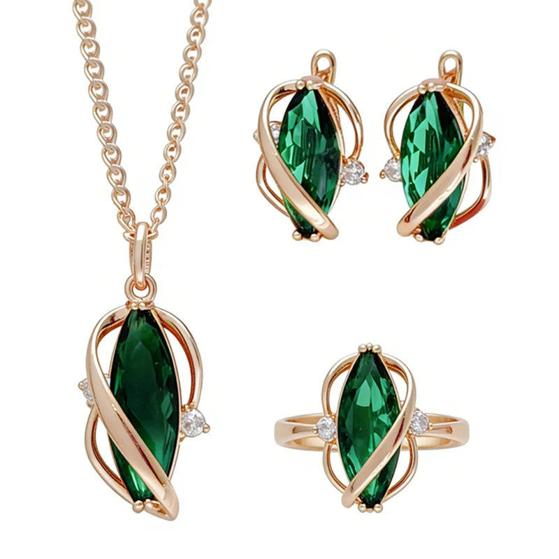Women's Rose Gold Green Zircon Ring Earrings Necklace 3Pcs Jewelry Set