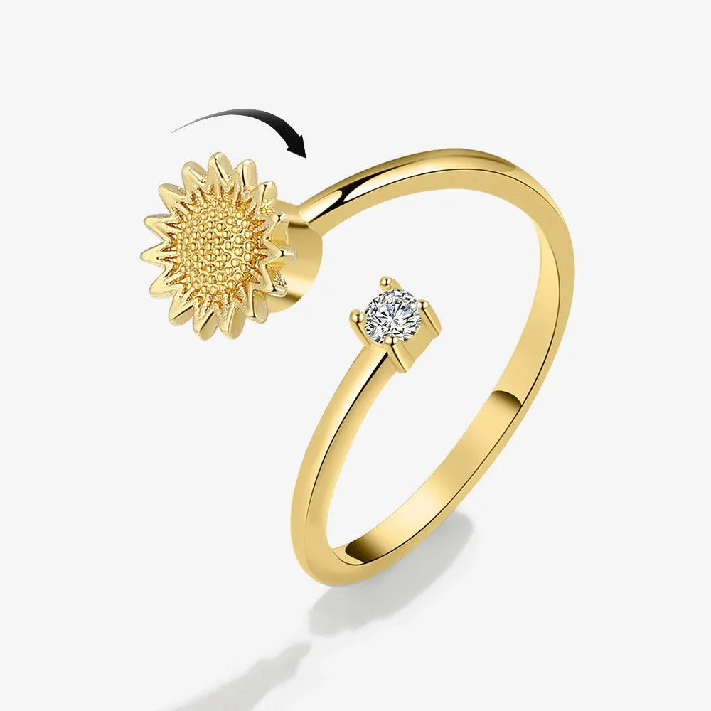 Anti-Stress Crystal Flower Spinner Ring Women Wedding Jewelry Gift