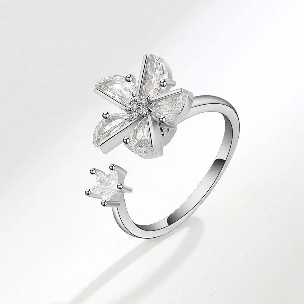 Anti-Stress Crystal Flower Spinner Ring Women Wedding Jewelry Gift
