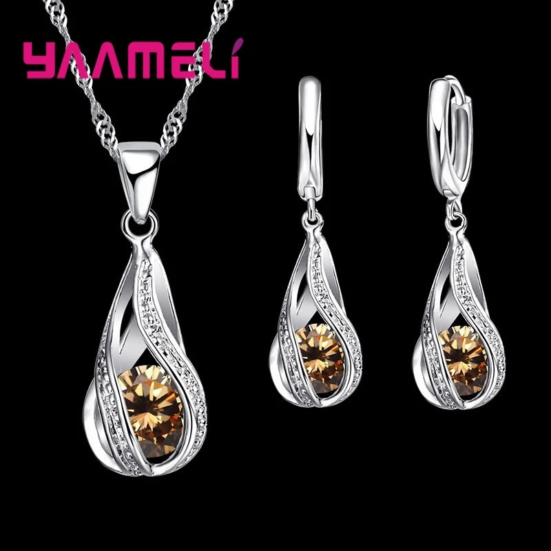 Women's 925 Silver CZ Water Drop Pendant Necklace Earrings Set Gif