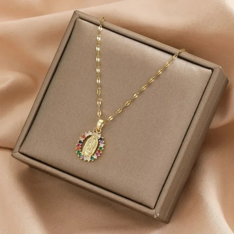 Fashion Micro Inlaid Zircon Virgin Mary Star Pendant Necklace Women