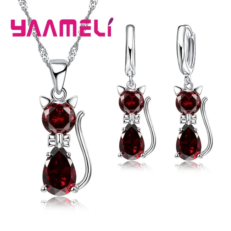 Women's Sterling Silver Austrian Crystal Cat Pendant Jewelry Set