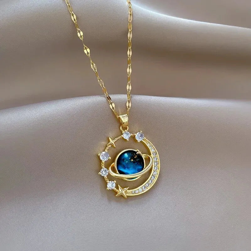 Luxury Starry Sky Star Moon Stainless Steel Clavicle Necklace Jewelry