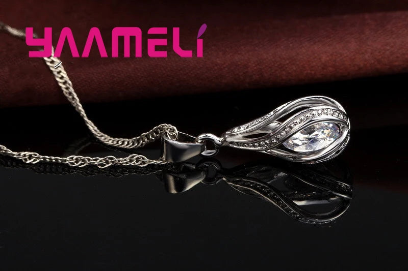 Women's 925 Silver CZ Water Drop Pendant Necklace Earrings Set Gif