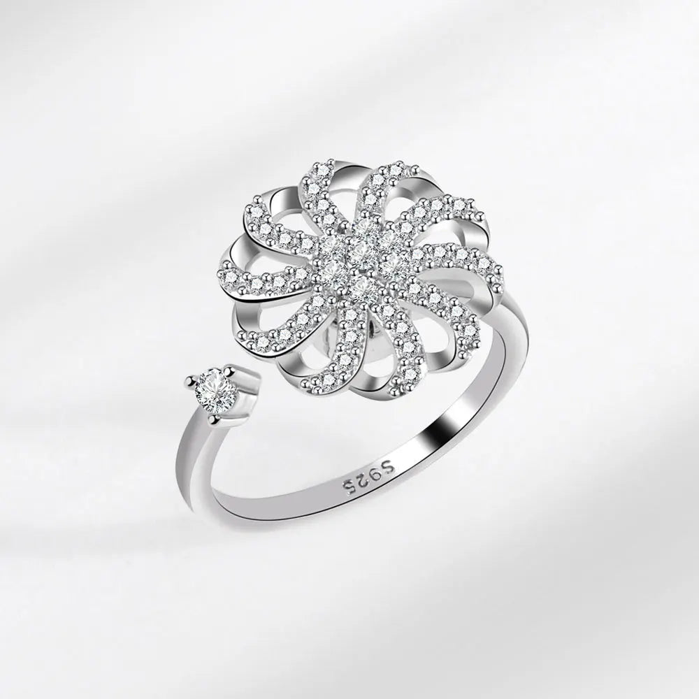 Anti-Stress Crystal Flower Spinner Ring Women Wedding Jewelry Gift