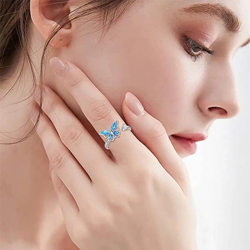 Anti-Stress Crystal Flower Spinner Ring Women Wedding Jewelry Gift