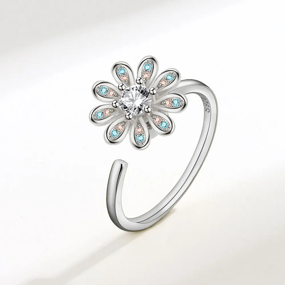Anti-Stress Crystal Flower Spinner Ring Women Wedding Jewelry Gift