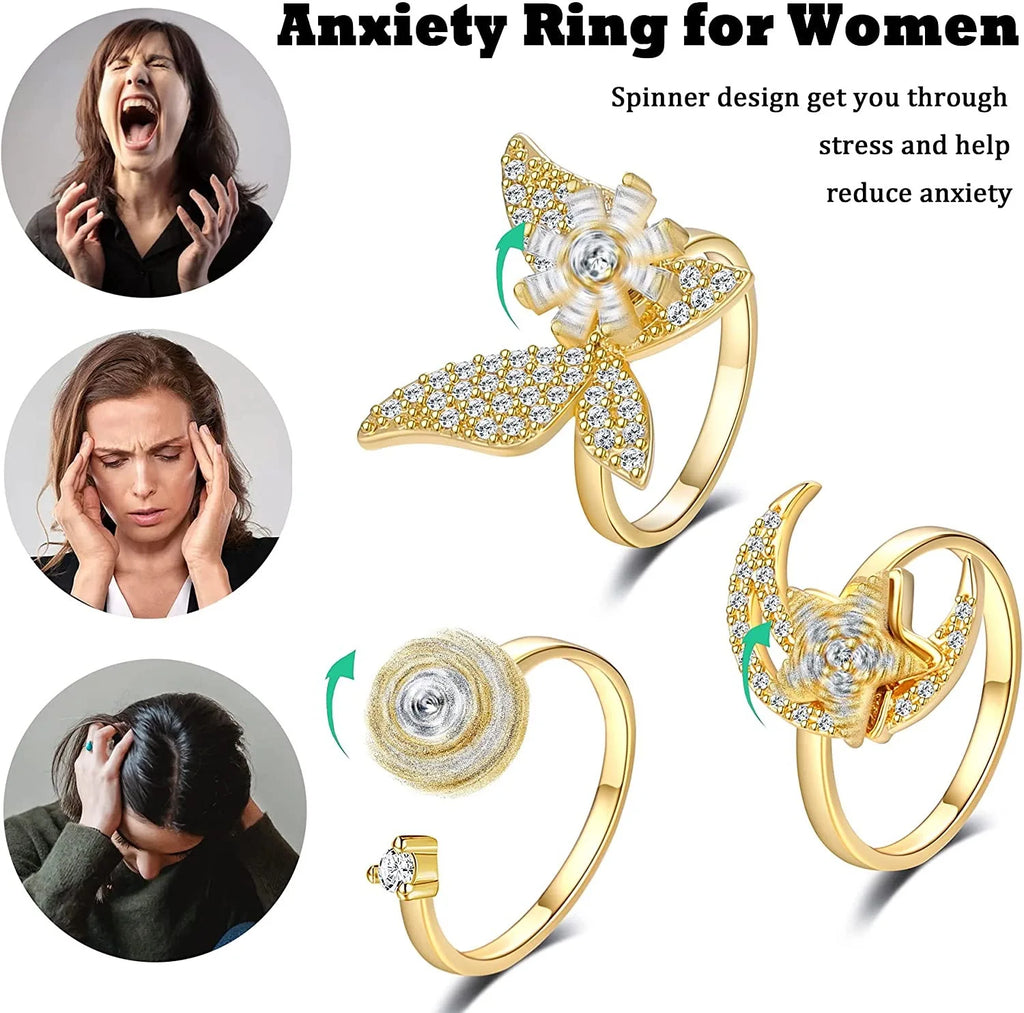 Anti-Stress Crystal Flower Spinner Ring Women Wedding Jewelry Gift