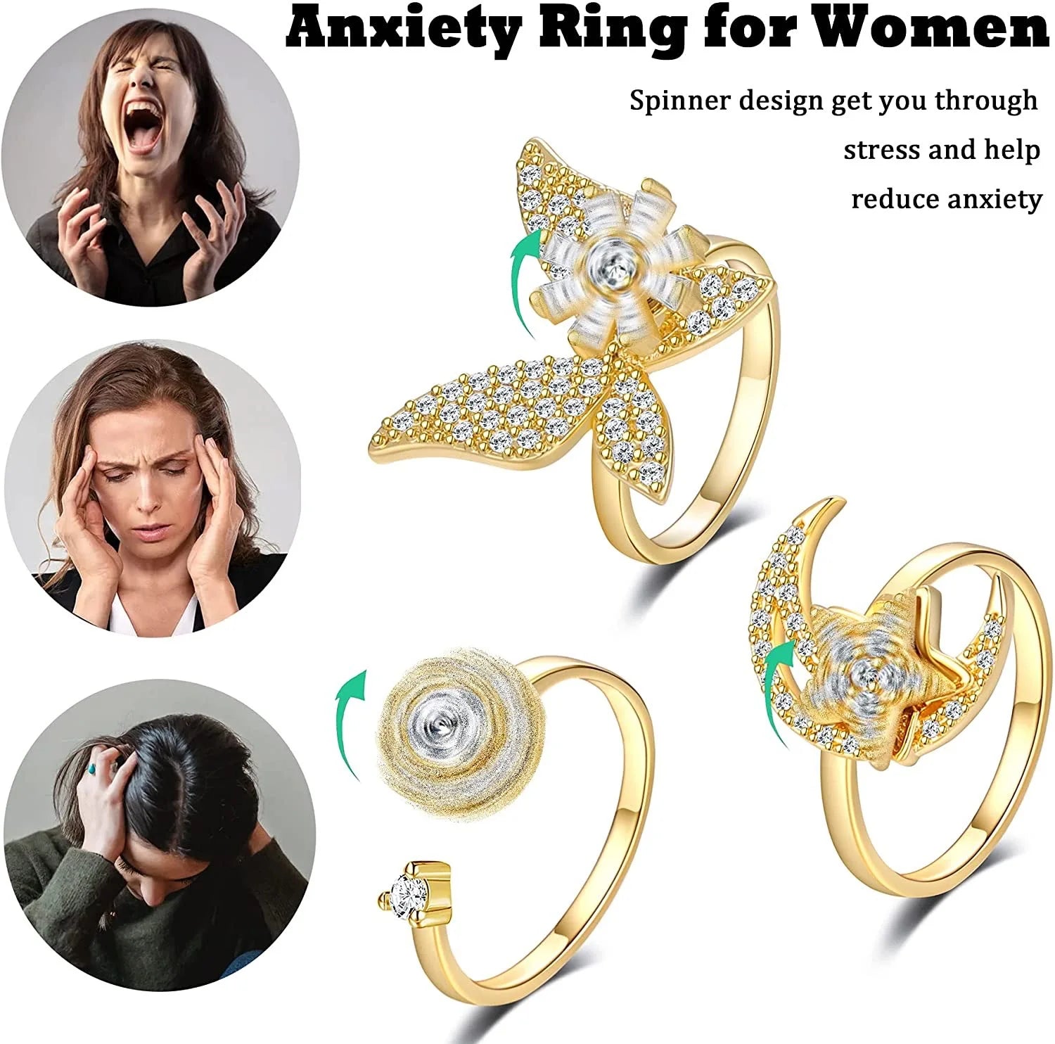 Anti-Stress Crystal Flower Spinner Ring Women Wedding Jewelry Gift