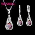 Women's 925 Silver CZ Water Drop Pendant Necklace Earrings Set Gif