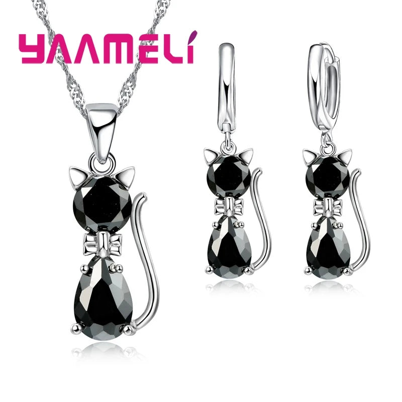 Women's Sterling Silver Austrian Crystal Cat Pendant Jewelry Set