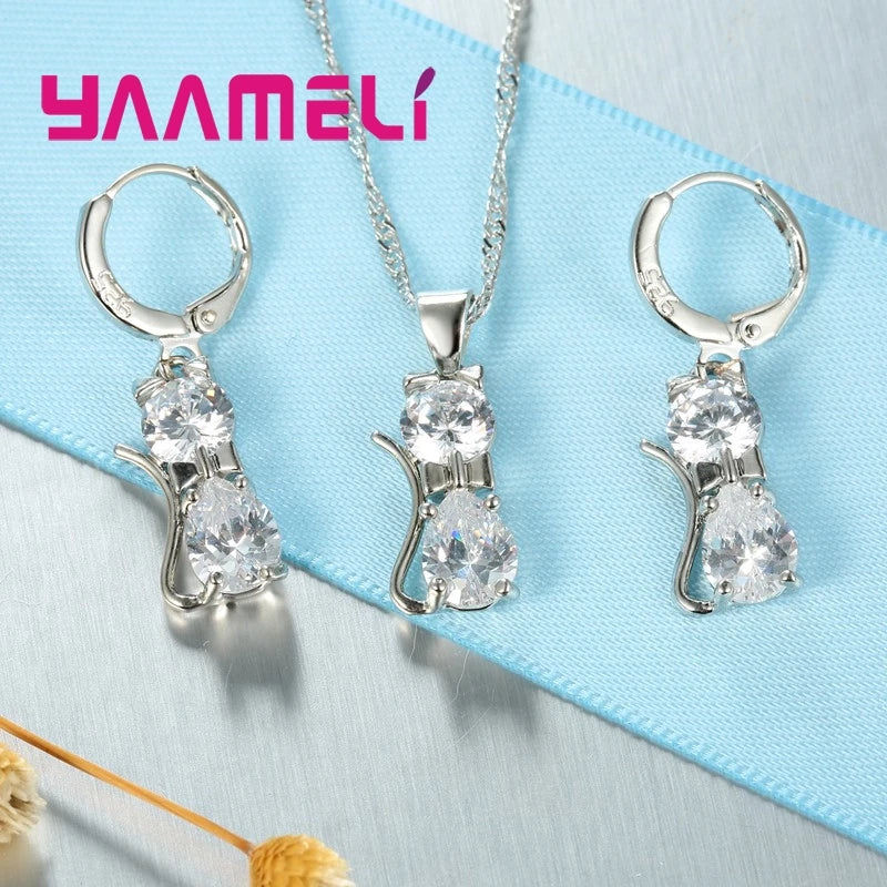 Women's Sterling Silver Austrian Crystal Cat Pendant Jewelry Set